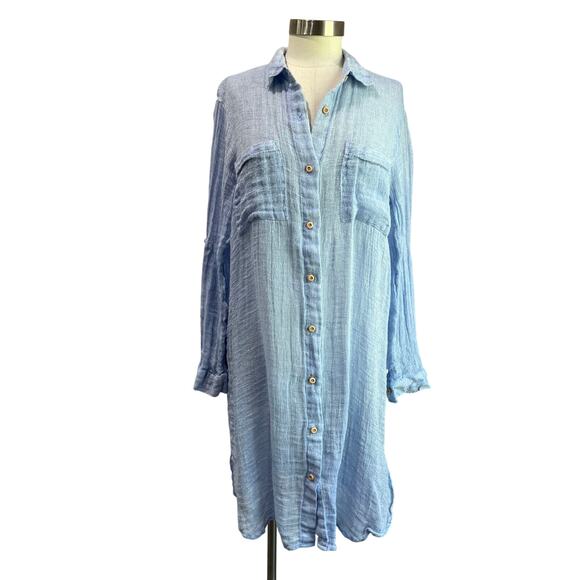 Magaschoni Blue Linen Button Down Swim Coverup Dress Size M - Picture 1 of 8